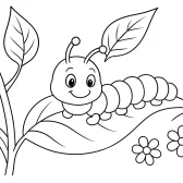 Caterpillar Coloring Page – Cute Cartoon on Leaf with Flowers