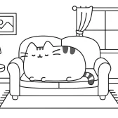 Cozy Pusheen Coloring Page – Cute Cat Relaxing on Sofa in Living Room Scene