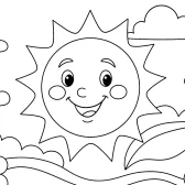 Sun Coloring Page – Smiling Sun with Clouds and Flowers