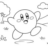 Dancing Kirby Coloring Page – Cute Printable Landscape Scene