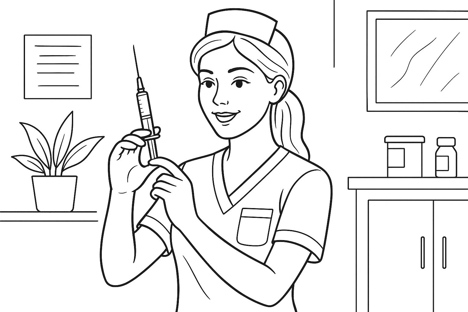 Nurse with Syringe Coloring Page – Printable Healthcare Scene