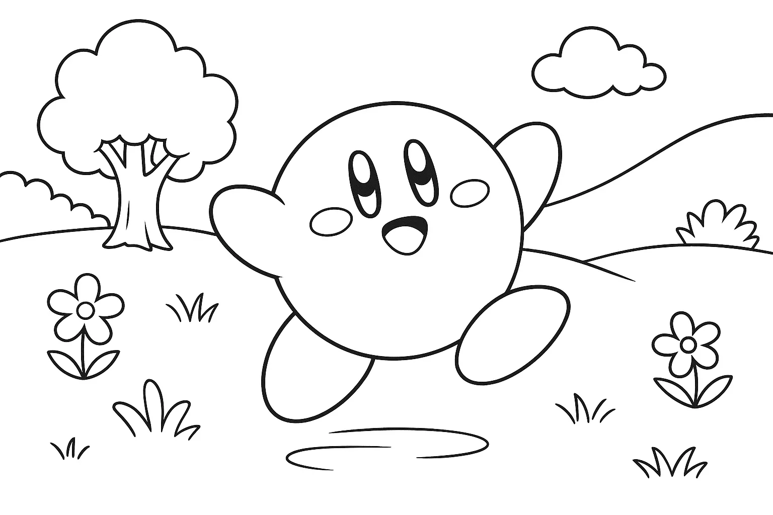 Dancing Kirby Coloring Page – Cute Printable Landscape Scene