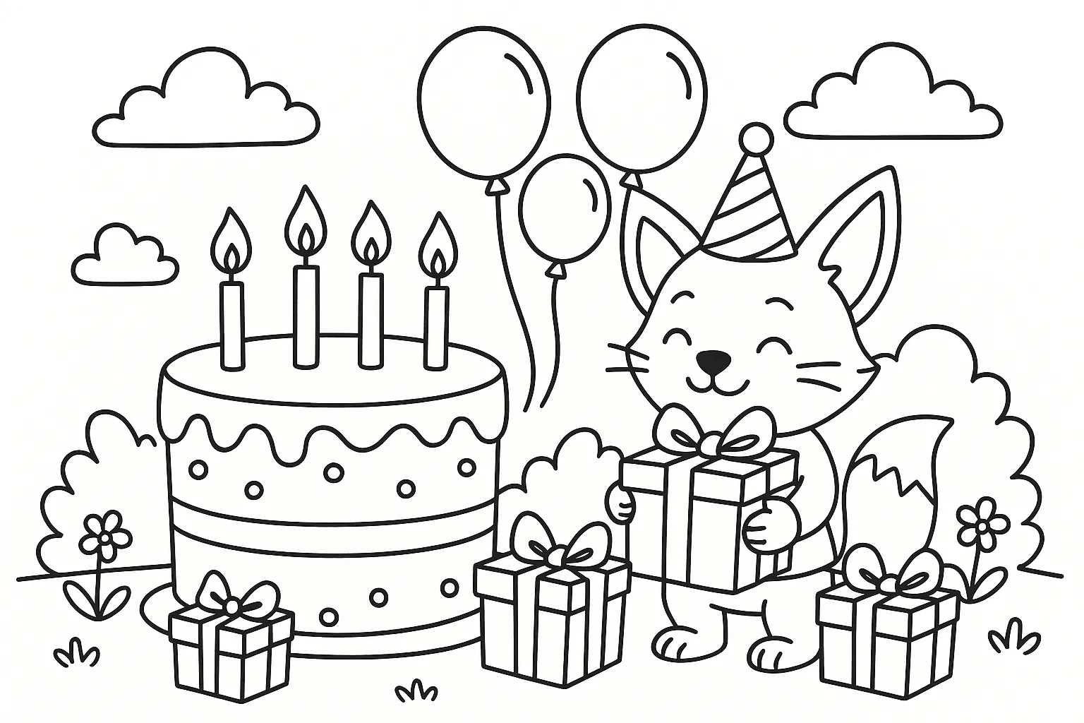 Cute Birthday Coloring Page with Fox, Cake and Balloons