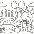 Cute Birthday Coloring Page with Fox, Cake and Balloons