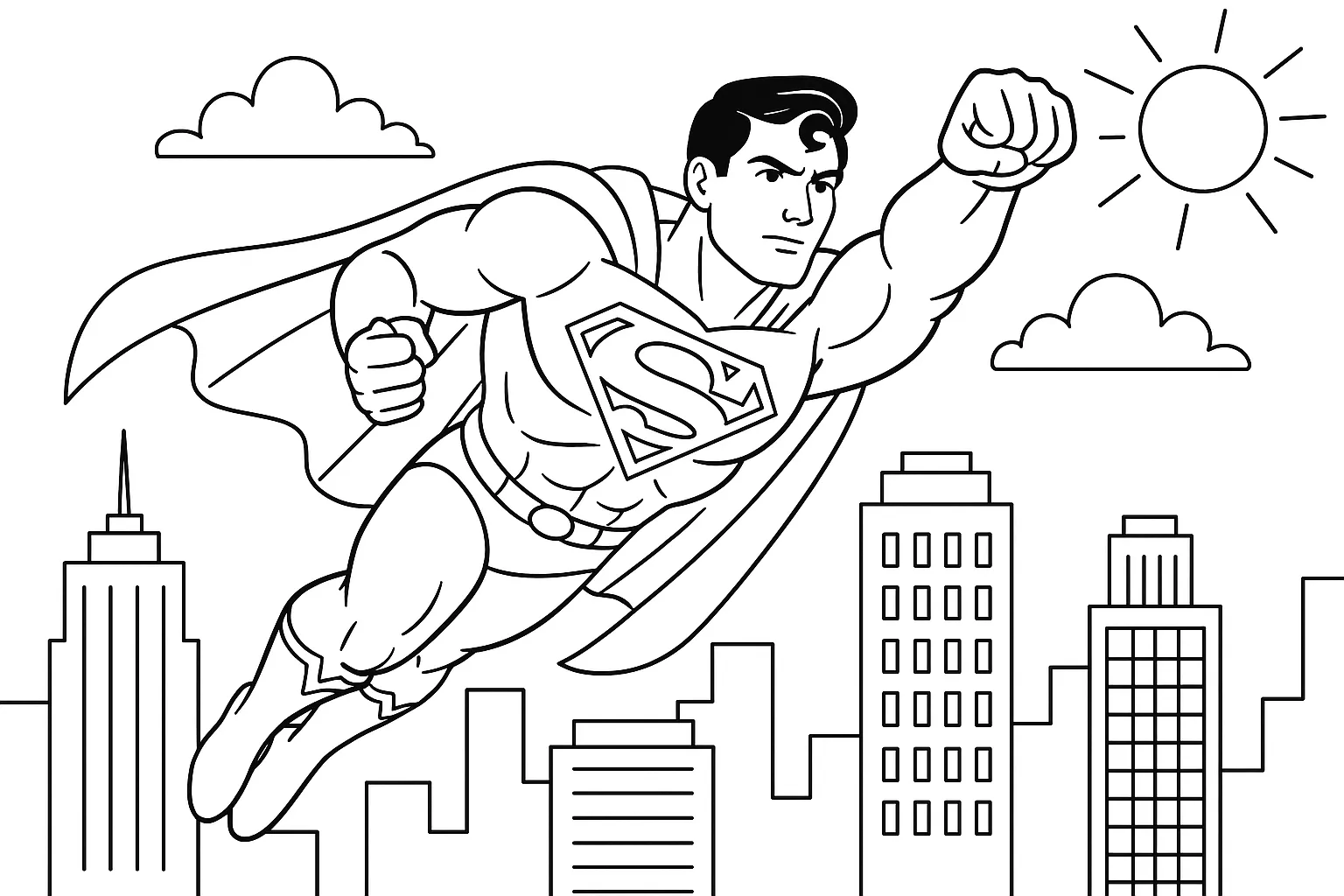 Flying Over City Skyline in Heroic Pose Superman Coloring Page