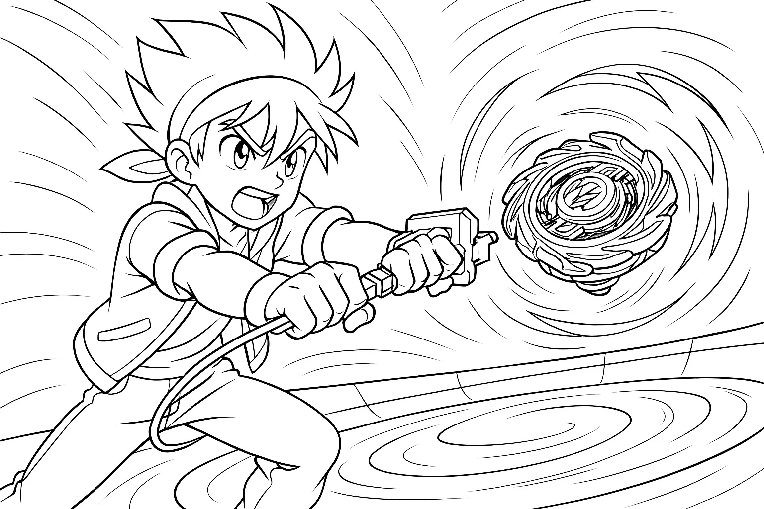Beyblade Coloring Page – Boy Launching Top in Battle Arena