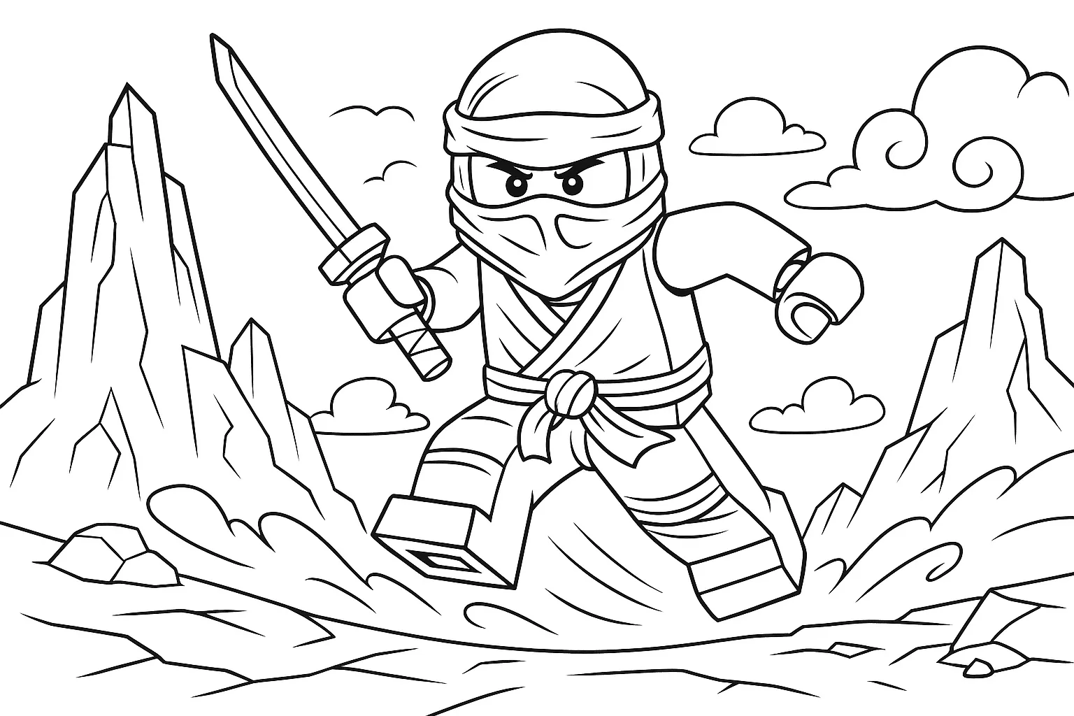 Ninjago Coloring Page – LEGO Ninja Jumping with Sword in Mountain Scene