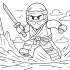 Ninjago Coloring Page – LEGO Ninja Jumping with Sword in Mountain Scene