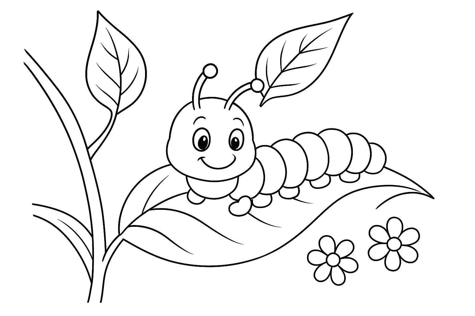 Caterpillar Coloring Page – Cute Cartoon on Leaf with Flowers