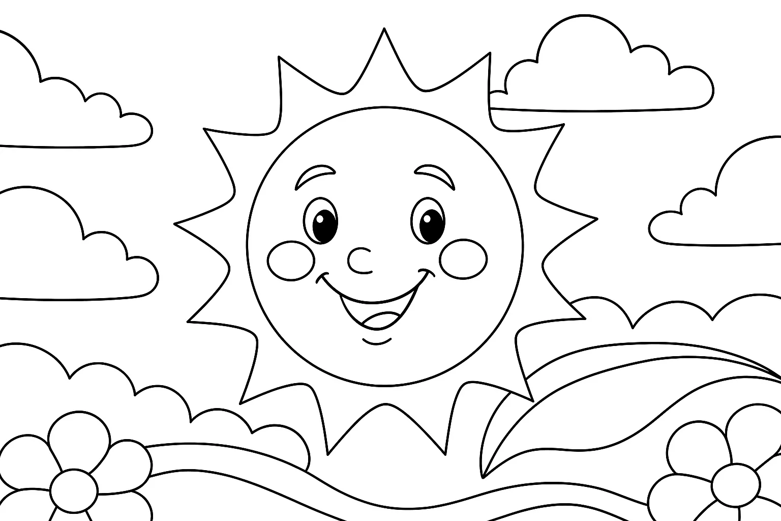 Sun Coloring Page – Smiling Sun with Clouds and Flowers