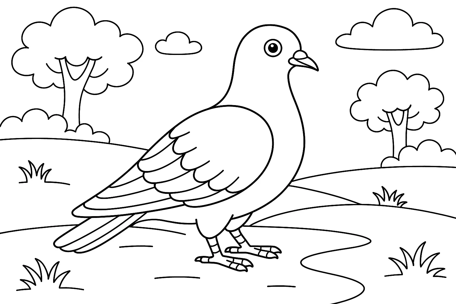 Printable Pigeon Coloring Page – Cute Bird in Nature Scene for Kids