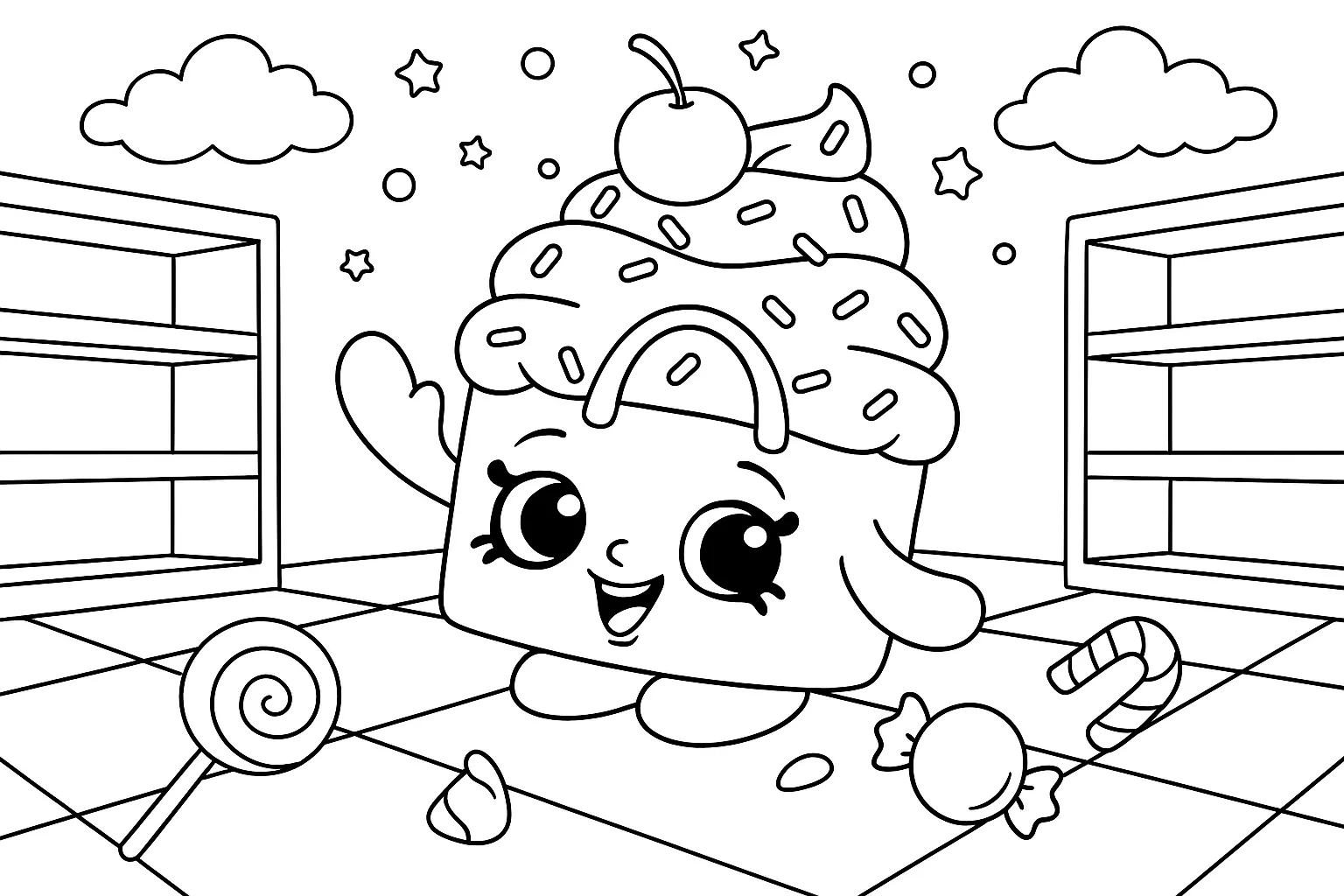 Cute Shopkins Coloring Page – Kawaii Dessert Character in Candy Store Scene