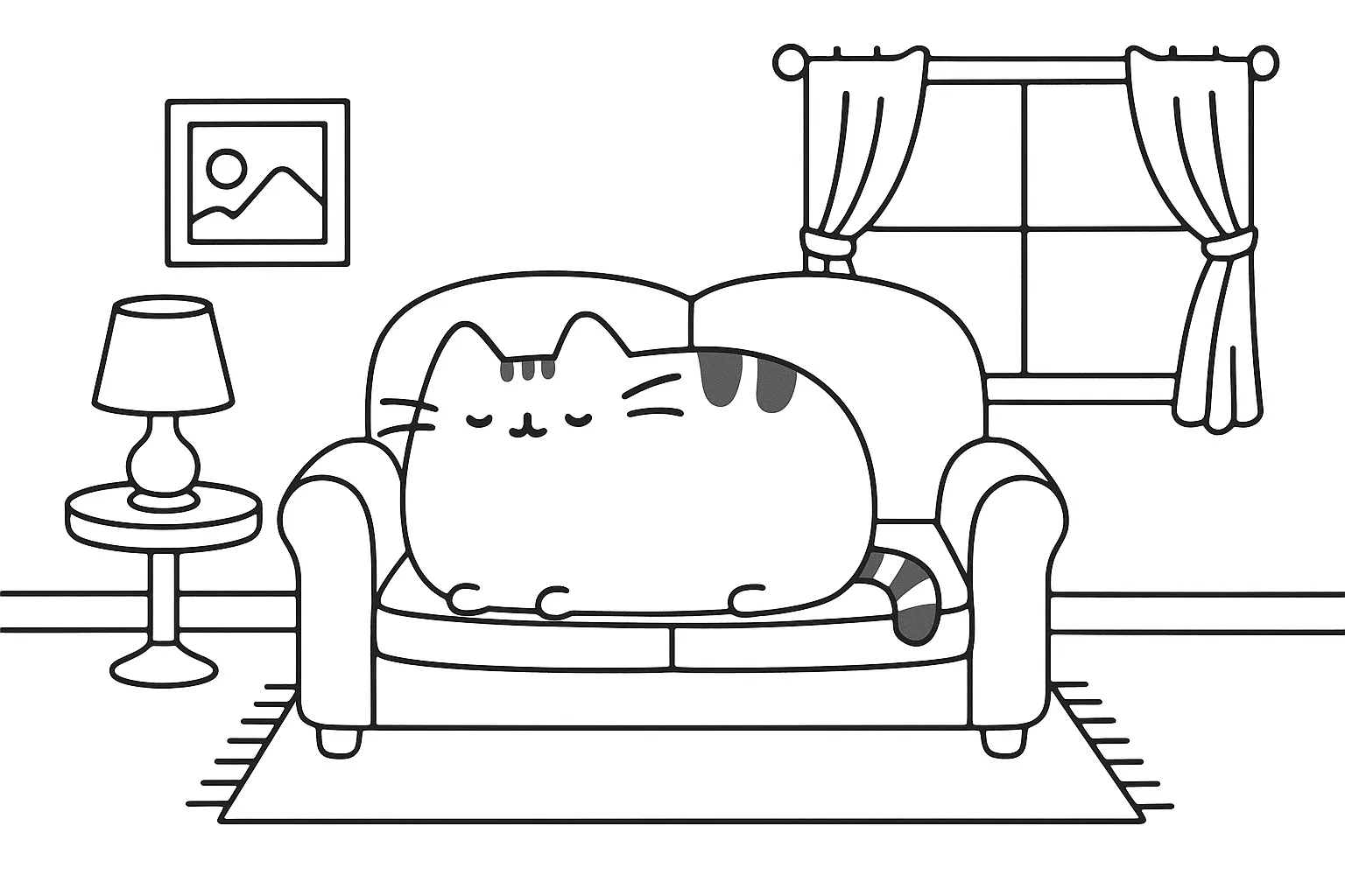 Cozy Pusheen Coloring Page – Cute Cat Relaxing on Sofa in Living Room Scene