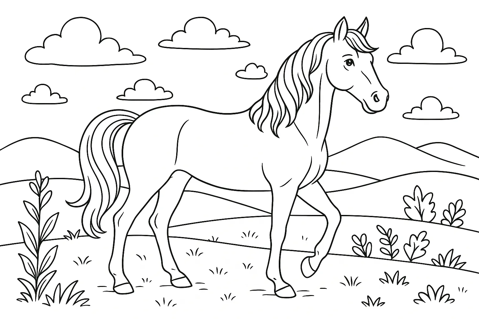 Majestic Horse Coloring Page – Peaceful Nature Scene for Kids