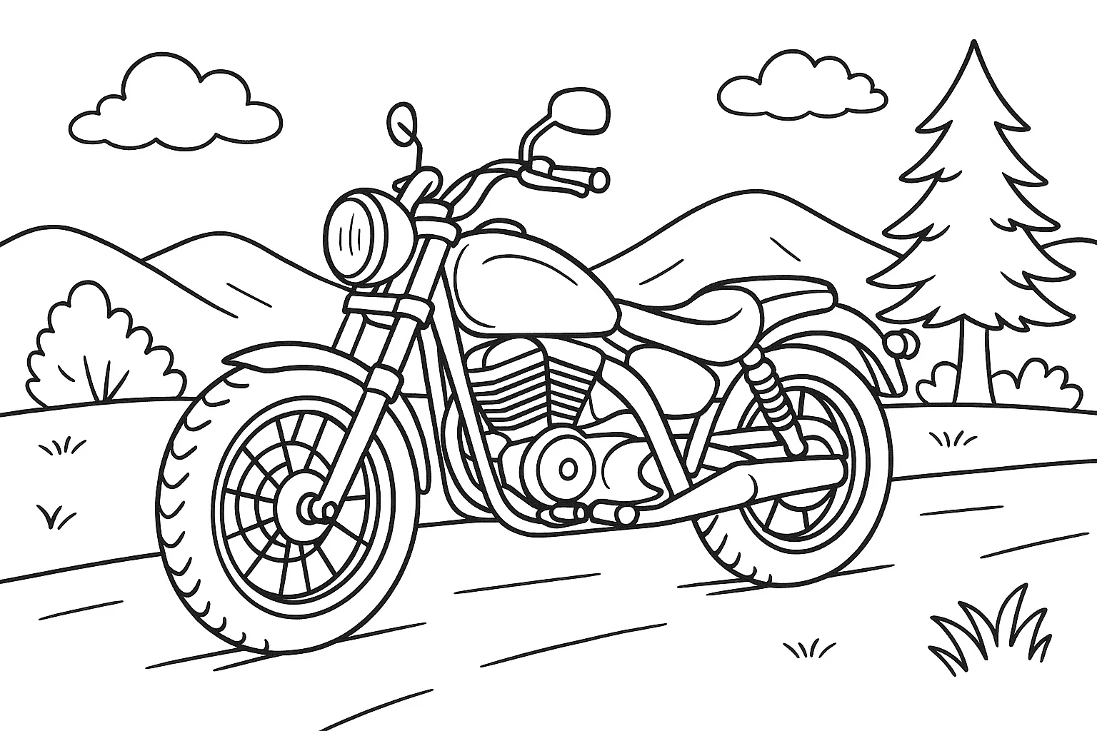 Motorcycle Coloring Page in Nature – Free Printable for Kids