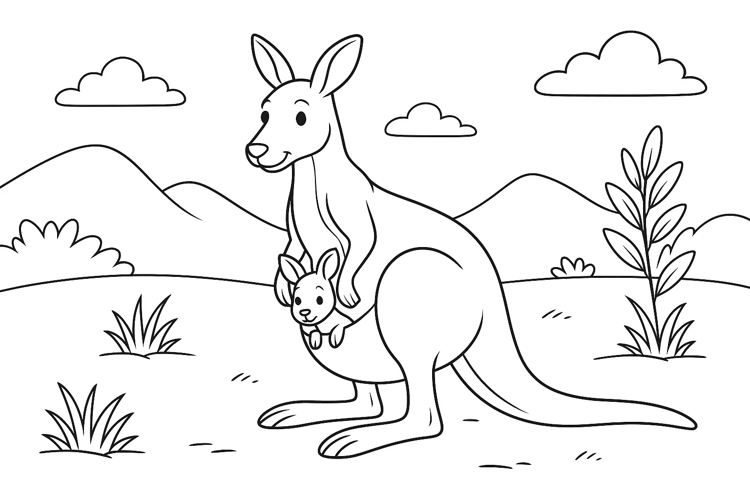 Mom and Baby Kangaroo – Animal Coloring Page for Children
