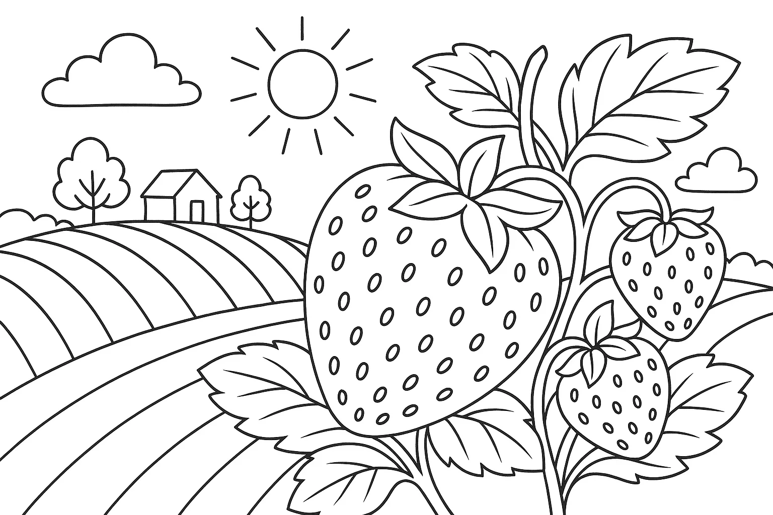 Printable Strawberry Coloring Sheet – Rural Garden Scene for Children